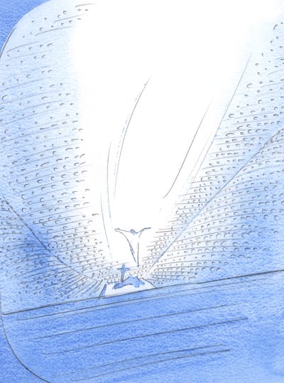 Hele kirken er samlet rundt det sentrale offerstedet: himmelens, jordens og skjærsildens kirke, 2002 (w/c på papir) av Elizabeth Wang