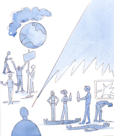 Det er mange farer for det jordiske livet, som forurensning og hungersnød, 2004 (akvarell på papir) av Elizabeth Wang