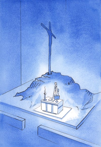 Dette er mitt blods beger: Golgata-offeret presenteres på nytt ved hver messe, 2001 (w/c på papir) av Elizabeth Wang