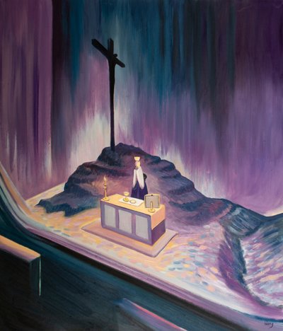 Dette er mitt blods beger: Golgata-offeret presenteres på nytt ved hver messe, 2001 (olje om bord) av Elizabeth Wang