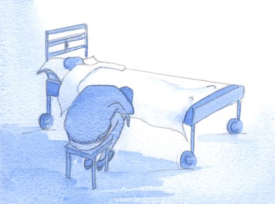 Dette er det vi ser i et ømt blikk: tristhet, kjærlighet og sorg for en annen i nød, som kaller fra oss praktisk hjelp og mild trøst, 2002 (w/c på papir) av Elizabeth Wang
