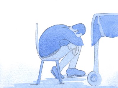 Dette er det vi ser i et ømt blikk: tristhet, kjærlighet og sorg for en annen i nød, som kaller fra oss praktisk hjelp og mild trøst, 2002 (w/c på papir) av Elizabeth Wang