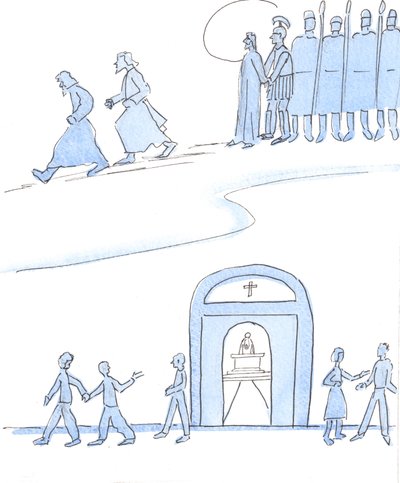 De Kristi venner i dag som ikke bryr seg om å gå til messe, oppfører seg som Kristi venner for lenge siden, som stakk av da Kristus ble arrestert og korsfestet., 2004 (w/c på papir) av Elizabeth Wang
