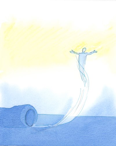 De som av kjærlighet til Gud har utholdt åndelig mørke i tålmodighet, bringes til slutt til å "fly" i bønn langt over hverdagens bekymringer, 2003 (w/c på papir) av Elizabeth Wang