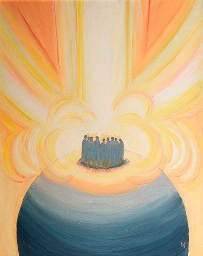 Gjennom Kristus omslutter himmelens lys oss ved hver messe, 2000 (olje om bord) av Elizabeth Wang