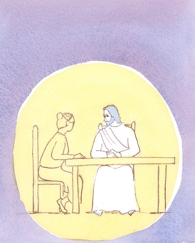 Gjennom den hellige nattverd er vi tilstede med Kristus; og vi kan snakke med ham like intimt som om vi sitter rundt kjøkkenbordet, 2004 (w/c på papir) av Elizabeth Wang
