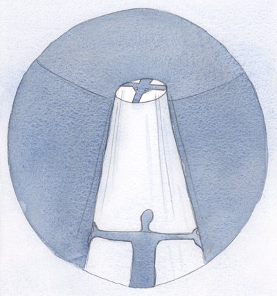 Gjennom våre ofre, forent med Kristi, blir det laget en kanal der himmelens lys kan strømme ned over de trengende., 2001 (w/c på papir) av Elizabeth Wang