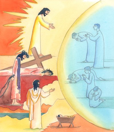 Gjennom bønn, spesielt gjennom syklusen av Kirkens liturgiske bønn, kan vi gå inn i Kristi jordiske livs mysterier, 2005 (akvarell på papir) av Elizabeth Wang