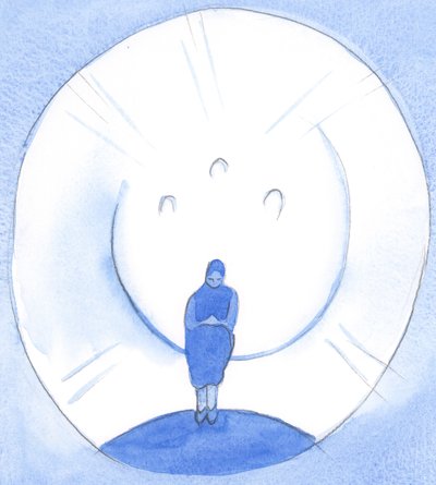 Gjennom de hellige sakramenter mottar vi himmelsk nåde, og blir brakt som til "kanten" av himmelen og puster inn Kristi luft, 2002 (w/c på papir) av Elizabeth Wang