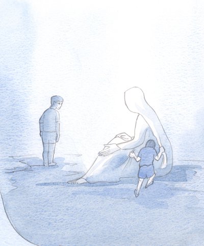 For å illustrere vårt forhold til Mary, så jeg et lite barn som rykket støyende, men likevel mottatt trøst; det andre barnet, stolt og lite tillitsfullt, holdt avstand, så manglet hennes hjelp., 2001 (w/c på papiret) av Elizabeth Wang