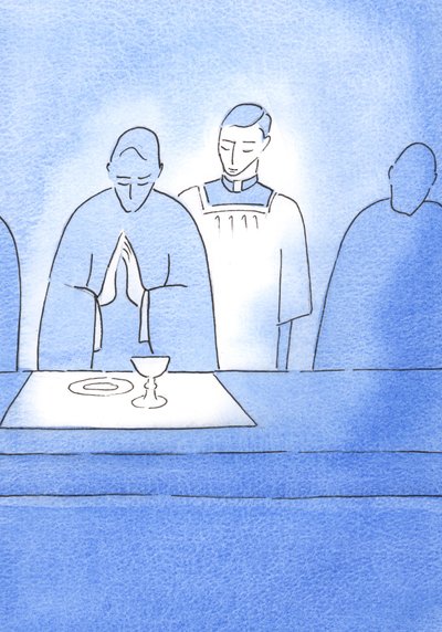 Vi kan prøve å handle mot Kristus slik denne presten handlet mot sin biskop: våken, og til enhver tid villig til å være til tjeneste, 2002 (w/c på papir) av Elizabeth Wang