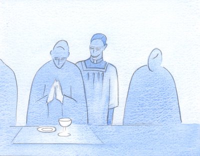 Vi kan prøve å handle mot Kristus slik denne presten handlet mot sin biskop: våken, og til enhver tid villig til å være til tjeneste, 2002 (w/c på papir) av Elizabeth Wang