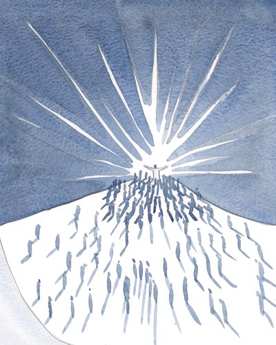 Vi ba Kristi bønn, klamret oss til ham ved messen, skjermet av hans herlighet, avhengig av hans hellighet., 2001 (w/c på papir) av Elizabeth Wang