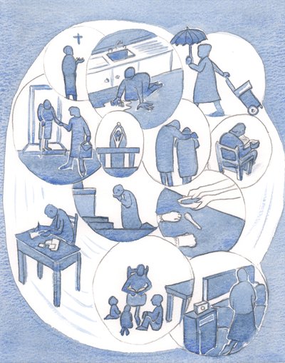 Vi tjener Kristus gjennom alle våre daglige plikter, spesielt gjennom nestekjærlighet og tider med bønn og tilbedelse, 2000 (w/c på papir) av Elizabeth Wang