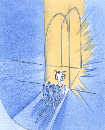 Vi som står foran alteret er samlet her av Gud selv. Vi lever i hans strålende vennskap, Kristus i vår midte, 2002 (w/c på papir) av Elizabeth Wang