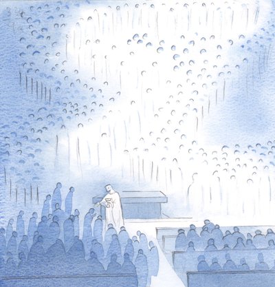 Hvilken fred er gitt av Kristus, i nattverden, med det store selskap av englene og de hellige samlet her i glede, 2000 (w/c på papir) av Elizabeth Wang