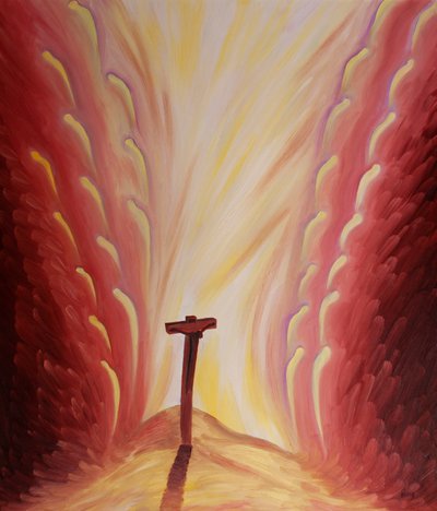 Da Kristus døde for oss, for å ta bort våre synder, gjemte englene sine ansikter i redsel, 2001 (olje om bord) av Elizabeth Wang
