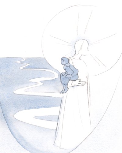 Når jeg stoler på Kristus, i stille bønn, er jeg som et lite barn som bæres i sin vitalitet og glede., 2000 (w/c på papir) av Elizabeth Wang