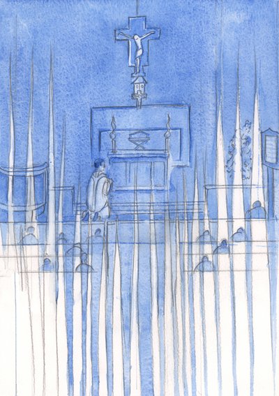 Når trofaste mennesker ber den hellige rosenkransen, omgir hellige engler dem og holder vakt, i ærbødig stillhet, 2002 (w/c på papir) av Elizabeth Wang