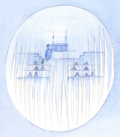 Når trofaste mennesker ber den hellige rosenkransen, omgir hellige engler dem og holder vakt, i ærbødig stillhet, 2002 (w/c på papir) av Elizabeth Wang