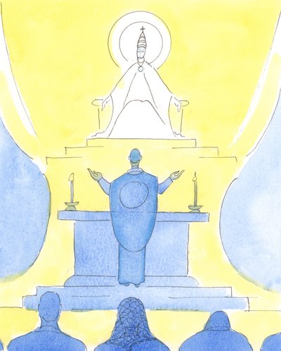 Når prest og mennesker alle står i samme retning ved messen, ser de alle sammen, mot Faderen, for å prise ham gjennom Kristus., 2004 (w/c på papir) av Elizabeth Wang