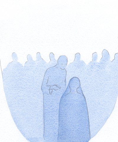 Da Jesusbarnet ble funnet i tempelet, bøyde han seg fremover og forklarte stille for sin hellige mor (med uendelig vennlighet) at hans arbeid allerede hadde begynt., 2001 (w/c på papir) av Elizabeth Wang