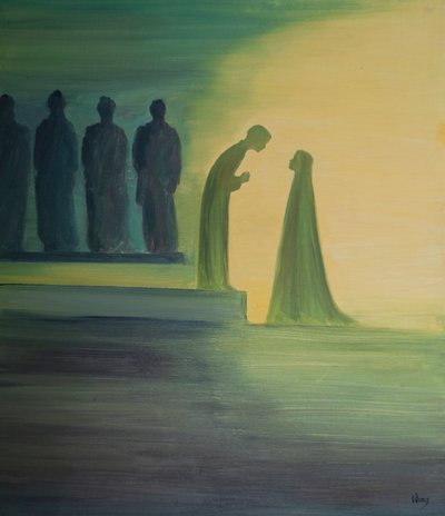 Da Jesusbarnet ble funnet i tempelet, bøyde han seg fremover og forklarte stille til sin hellige mor (med uendelig vennlighet) at hans arbeid allerede hadde begynt., 2001 (olje om bord) av Elizabeth Wang