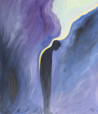 Når vi ber Vår Frue om å be for skjærsildens sjeler, gjør hun det, og Guds rensende nåde utøses over dem som en beroligende balsam, 2001 (olje om bord) av Elizabeth Wang