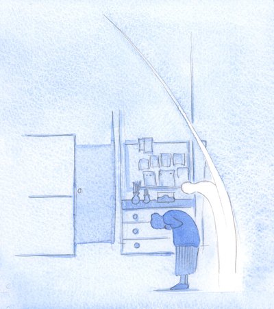 Hver gang jeg bøyer meg for den hellige treenighet, gjør min hellige engel det samme, akkurat som han gjenspeiler ethvert ærbødig tegn på korset, 2002 (w/c på papir) av Elizabeth Wang