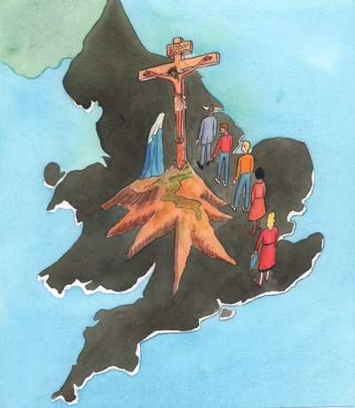 Hver gang det feires messe i landet vårt, er det som om Golgata dukker opp i hjertet av England, 2002 (w/c på papir) av Elizabeth Wang