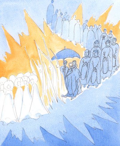 Hver gang vi hedrer Jesu nærvær i det hellige sakramentet, slutter englene og de hellige seg til oss i vår tilbedelse, 2004 (w/c på papir) av Elizabeth Wang