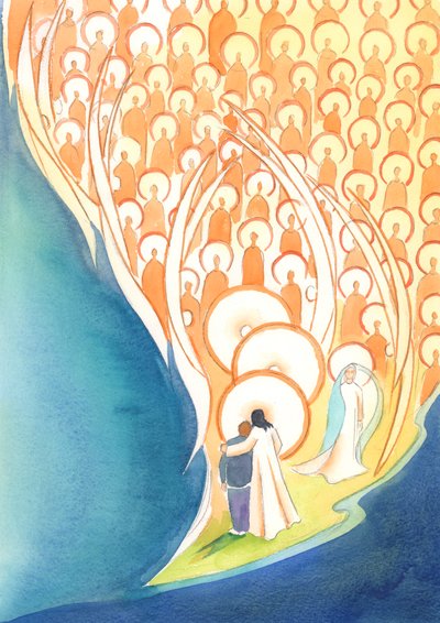 Når vi ber i Jesu navn, selv i mørke eller ensomhet, tar vi del i livet til hele himmelens selskap, 2004 (w/c på papir) av Elizabeth Wang