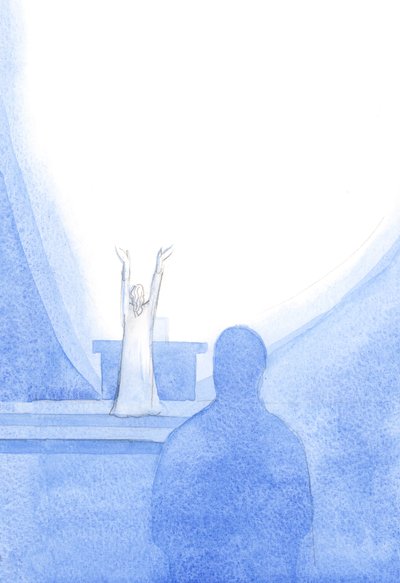 Hver gang vi ber til Faderen, i Kristi navn (forenet med Kristi intensjoner) er det som om himmelen er lagt åpen for å motta oss og vår bønn, 2001 (w/c på papir) av Elizabeth Wang