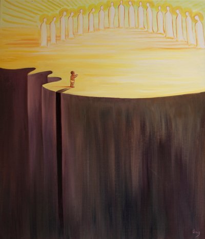 Hver gang vi virkelig omvender oss er vi som et nytt barn som dukker opp fra en kløft av mørke og inn i Guds rike, 2001 (olje om bord) av Elizabeth Wang