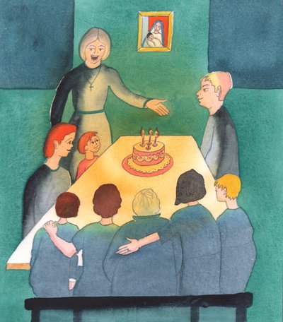 Der folk lytter til Kirken, og takker Gud for sine barn, og setter familiens behov foran sine egne ambisjoner, et hjem er som en oase av lys, 2003 (w/c på papir) av Elizabeth Wang