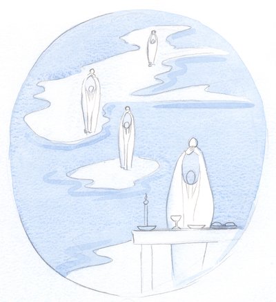 Hvor enn en katolsk prest ofrer det hellige messeoffer, er det Jesus Kristus, tilstede med sitt folk, 2000 (w/c på papir) av Elizabeth Wang