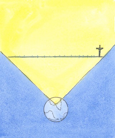 Uansett hvor messen feires, er de tilstedeværende til stede for hele Kristi forløsningsverk, oppnådd under hans liv på jorden og inkludert hans død på korset, 2004 (w/c på papir) av Elizabeth Wang