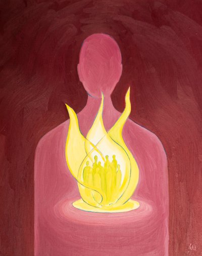Med Guds kjærlighet kan vi hjelpe og be for dem vi bærer i våre hjerter, 2000 (olje om bord) av Elizabeth Wang