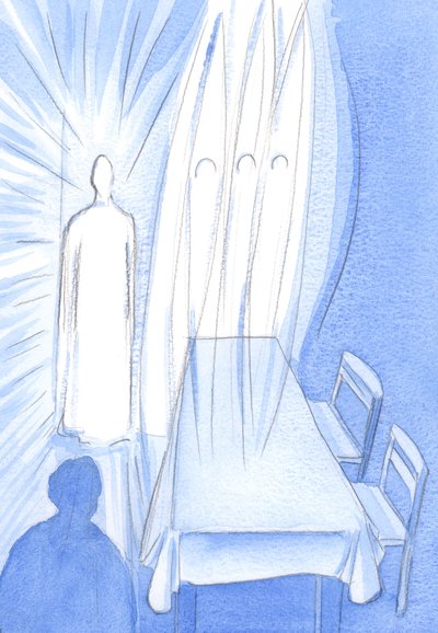 Med sine hellige engler ser Kristus beundrende på når vi ber; Han skjuler sin kjærlighet når han hjelper oss å vokse i tro, 2002 (w/c på papir) av Elizabeth Wang