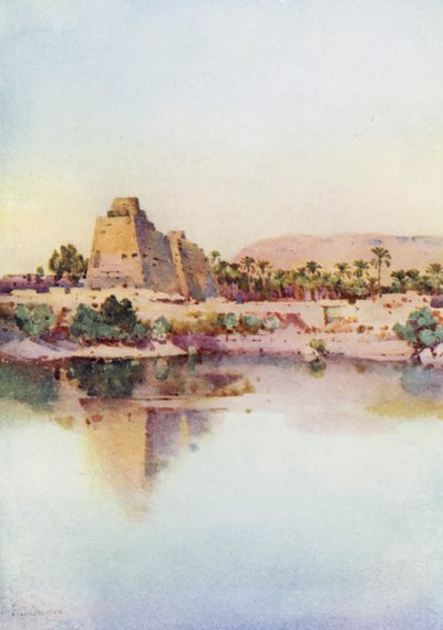 Pylonen til Hatshepset ved Karnak, fra den hellige innsjøen (farge litho) av Ella Du Cane