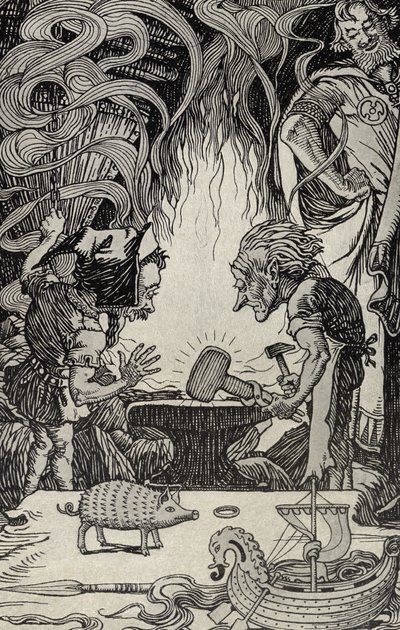 The Third Gift an Enormous Hammer, illustrasjon fra Myths from Many Lands, utgitt 1912 av Elmer Boyd Smith