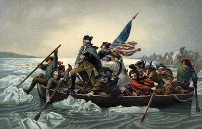 George Washington krysset Delaware under den amerikanske uavhengighetskrigen, 25. desember 1776 (chromolitho) av Emanuel Gottlieb (after) Leutze