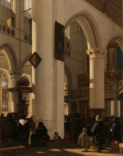 Interiør i en protestantisk, gotisk kirke under en gudstjeneste Interiør i en protestantisk gotisk kirke med motiver fra Oude Kerk i Amsterdam av Emanuel de Witte