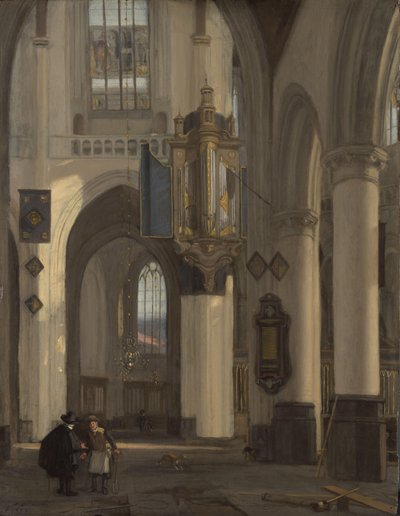 Interiør i en protestantisk gotisk kirke med motiver fra Oude og Nieuwe Kerk i Amsterdam av Emanuel de Witte