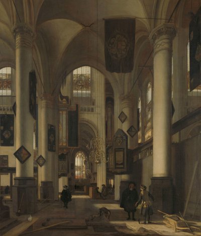 Interiør i en protestantisk gotisk kirke med motiver fra Oude og Nieuwe Kerk i Amsterdam av Emanuel de Witte