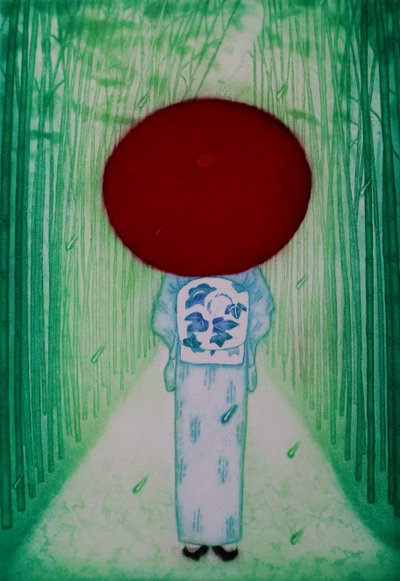 Rød paraply, 2007 (etsing) av Emiko Aida