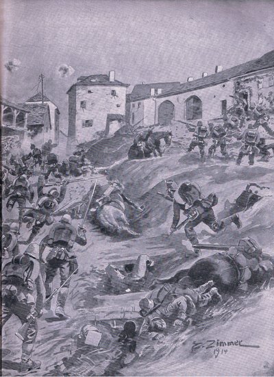 Aschaffenberg 2. bayerske jegerbataljon ved Lagarde august 1914, fra puben The Illustrated History of the World War 1914-1915. av Union Berlagsefellfchaft av Emil (after) Limmer