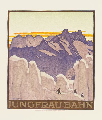 Jungfrau-Bahn, plakat som annonserer Jungfrau fjelljernbane (farge litho) av Emil Cardinaux