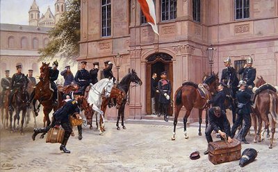 Kronprins Ludwig IV av Hessen-Darmstadt tar farvel med Cornelius Heyl, før Schlosschen, Worms, da han drar til slaget ved Sedan i 1870 (olje på lerret) av Emil Huenten