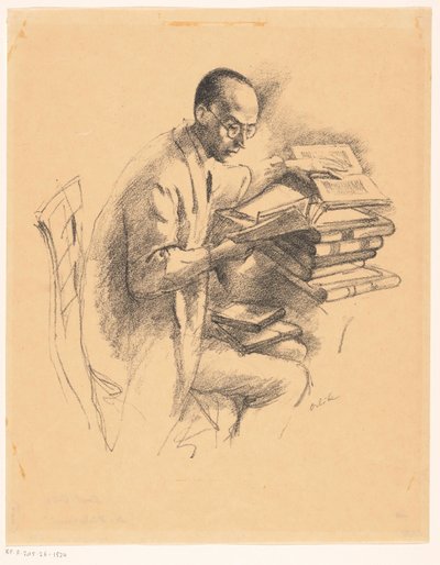 Mann bak et skrivebord fullt av bøker av Emil Orlik (signed by artist)